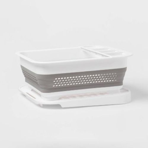 Plastic Collapsible Dish Rack With Drip Tray White - Brightroom™