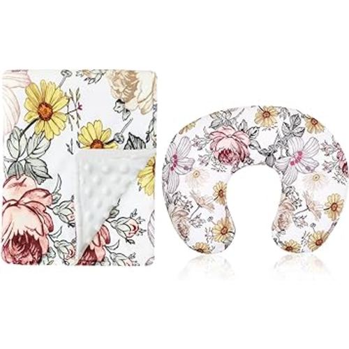 Floral Baby Blankets, Floral Minky Toddler Blanket for Boys Girls,Floral Nursing Pillow Cover, Breastfeeding Pillow Slipcover for Baby Girls, Soft Snug Fits On Newborn Feeding Pillow