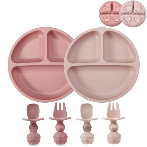PandaEar 2 Pack Toddler Divided Suction Plates with 2 Spoons 2 Forks for Babies | Silicone Baby Led Weaning Supplies Self Feeding Eating Utensils | BPA-Free Silicone Baby Feeding Set -Pink