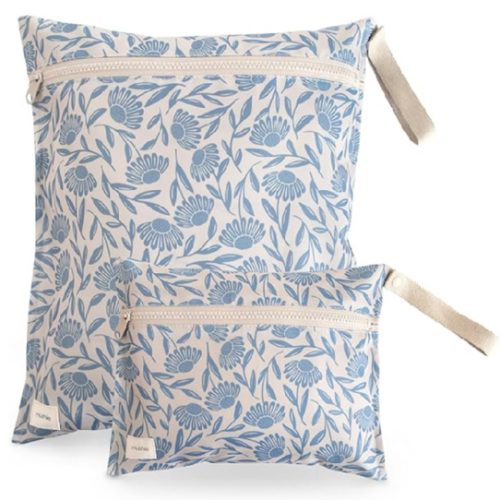 mushie Water Resistant Wet Bags | Large & Small Reusable Storage Bag for Baby Items and Travel | Zippered Pockets with Handle | Machine Washable, Set of 2 (Blue Flowers)
