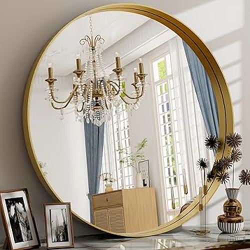 30 Inch Round Bathroom Mirror - Wall Mounted Circle Mirror with Metal Frame, Modern Mirror Suitable for Bathroom, Vanity, Entryway, Living Room, Wall Decor,Gold