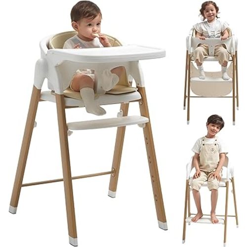 High Chair for Babies and Toddlers Adjustable Foldable Convertible 5 Point Harness Easy Clean Wood-Printed Metal with Removable Tray Baby Highchair for Family (White&Natural Wood-Printed Metal)