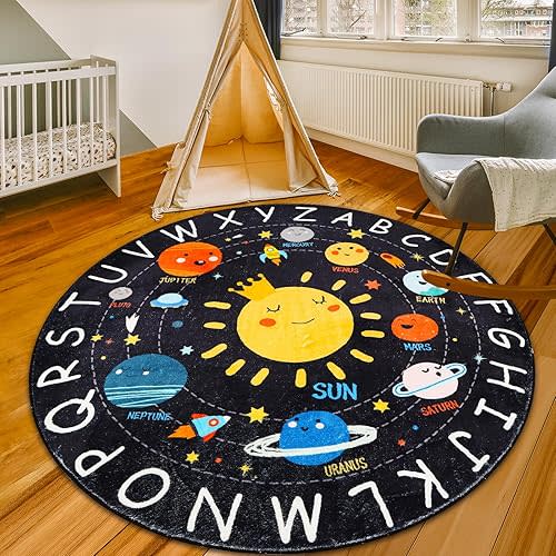 Alfombra redonda ABC para niños, alfombra circular suave del alfabeto de 4 pies, lavable, antideslizante, sistema solar, alfombra de juegos para niños, alfombra educativa espacial para aula, sala de