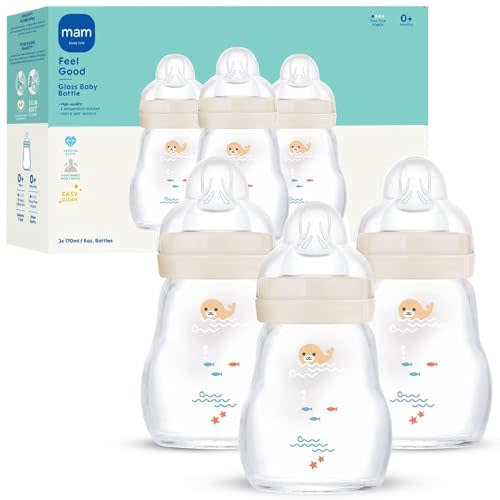 MAM 6oz Pure Glass Feel Good Anti-Colic 0+ Months Baby Bottle, 3 Pk, Unisex | Slow Flow Skin Soft Silicone Nipple, Easy to Clean, BPA Free, Easy Switch Between Breast & Bottle, Made In Europe