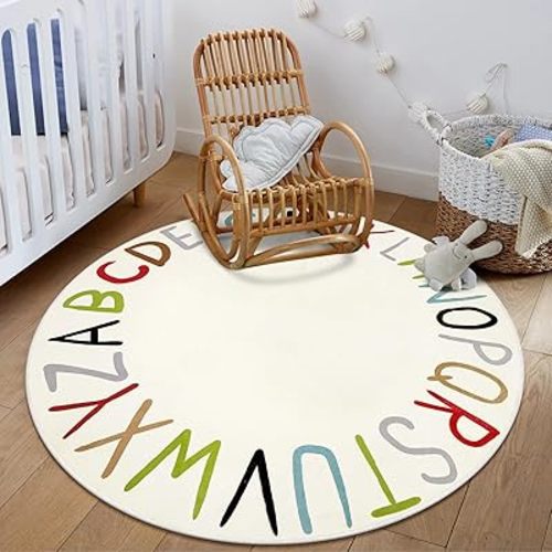 LIVEBOX Colorful ABC Round Rug Alphabet Play Room Rug, Circle Washable Rug Rainbow Nursery Rug for Baby Boy and Girl Room, Non-Slip Learning Carpet for Playroom Classroom (47",Multi Color)
