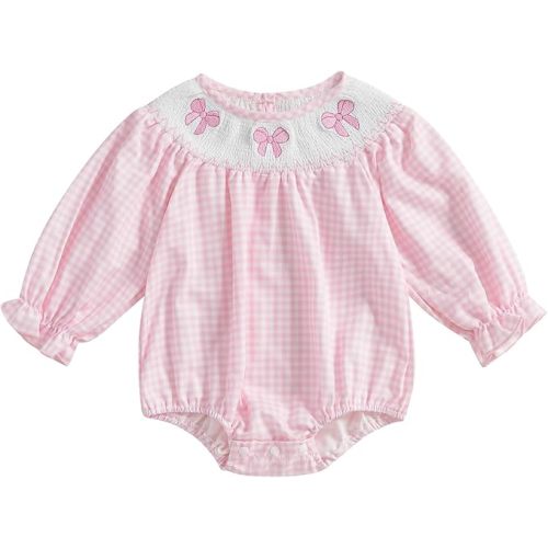 Newborn Infant Baby Girl Bubble Romper Bow Embroidery Plaid Puff Long Sleeve Smocked Bodysuit Cute Fall Clothes