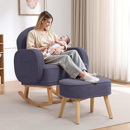 Rocking Chair with Ottoman, Upholstered Glider Rocker with High Backrest and Side Pocket, Rocking Accent Armchair with Solid Wood Legs for Nursery, Living Room, Bedroom Dark Grey