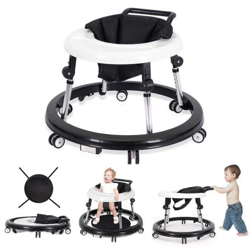 Baby Walker, Portable/Foldable/9 Adjustable Heights/With Wheels/Anti-Rolling, For Babies 6-12 Months,Black