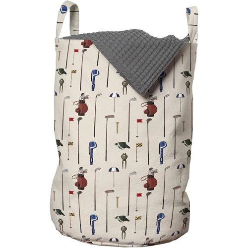 Ambesonne Golf Laundry Bag, Club and Ball Sport Theme Equipment Stroke Play Golfer Activity Leisure Hobby Design, Hamper Basket with Handles Drawstring Closure for Laundromats, 13" x 19", Cream Tan