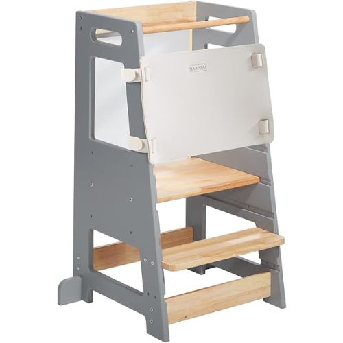 Toddler Kitchen Stools Helper with Adjustable Height and Anti-Slip Protection, Kids Standing Tower with Safety Rail, Kids Montessori Stool with Learning Chalkboard, Gray