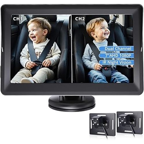 Baby Car Camera for 2 Kids, 7 Inch Ultrawide Display Dual Channel Car Baby Monitor with 2 IR Night Vision Cameras, 1080P Car Camera for Baby, Easily Install Clear Wide View for Rear Facing Backseat