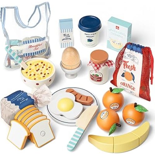 Lehoo Castle Play Food Sets for Kids Kitchen, Wooden Toys Play Kitchen Accessories, Fake Food Pretend Play for Toddlers 3-5, Realistic Food Playset Cutting Fruit Bread Egg Bag, 3 Year Old Girl Gift