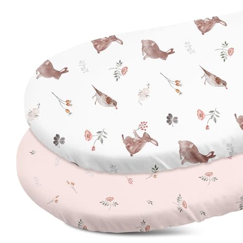 Gllquen Baby Bassinet Sheets 2 Pack, Breathable Cozy Fitted Mattress Sheet, Elastic Travel Crib Fashionable Floral Pattern, Standard Cradle Safe Sheets for Baby Boy Girls 32"X16"(Rabbit)