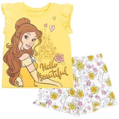 Disney Frozen Moana Princess Tiana Floral Peplum T-Shirt and French Terry Shorts Outfit Set Toddler to Big Kid