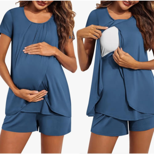 Ekouaer Women's Maternity Nursing Pajamas Set Breastfeeding Sleepwear Double Layer Short Sleeve Top & Shorts Nursing Pjs