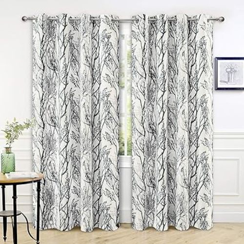 DriftAway Linen Printed Blackout Curtains Tree Branch Pattern Double Layer 84 Inches Long for Bedroom Classic Thermal Insulated Summer Sound Lined Grommet Drapes for Living Room 2 Panels Gray/Linen