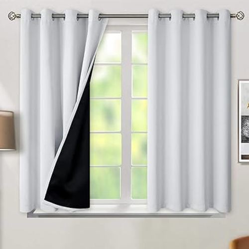 BGment Thermal Insulated 100% Blackout Curtains for Bedroom with Black Liner, Double Layer Full Room Darkening Noise Reducing Grommet Curtain (52 x 45 Inch, Greyish White, 2 Panels)