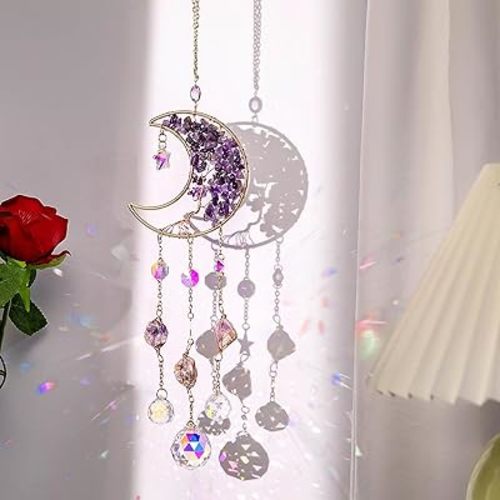 TUOKING Amethyst Crystal Moon Suncatchers for Window Hanging Tree of Life Natural Healing Stones Wind Chimes Sun Catcher Rainbow Maker Good Luck Gifts Decor for Home Garden
