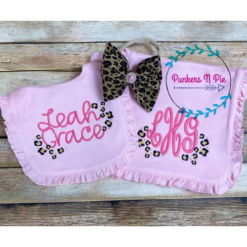 Baby Glam Leopard print Pink and Gold - Ruffle Bib Monogram Burp Cloth and Bow headband or hat