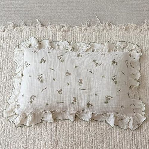BuLuTu Muslin Toddler Pillowcase for Crib Cot Cradle, Soft Thin Kids Pillow Cover for Girls Boys, Children Pillow Cover for Sleeping with Cute Rabbit Print,12"x 18", Envelope Closure