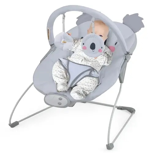 BABY JOY Baby Bouncer, Portable Baby Bouncer Seat with Vibration & Music, Removable Bar & Fabric Cover, 3-Point Safety Harness, Infant Bouncer for Babies 0-6 Months Up to 20 lbs