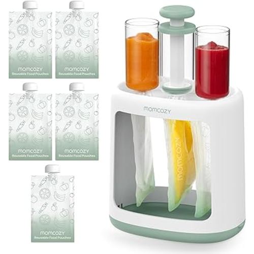 Momcozy Baby Food Maker for Puree Food Storage, Precise Capacity Squeeze Station, Save Time & Efficient, No Food Splashing, Baby Essentials, with 5pcs Reusable Portable Food Storage Bags for Outdoor