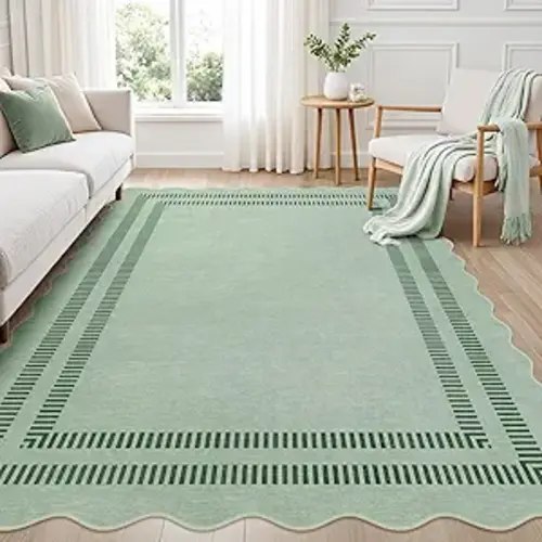 Scalloped Rug 5x7, Green Rugs for Living Room Ultra-Thin, Washable Area Rug Soft Rugs Non-Slip Throw Carpet for Bedroom ‎Dining Room Playroom