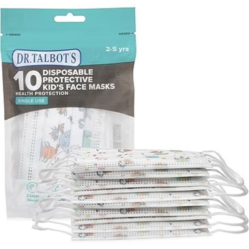 Dr. Talbot's Disposable Protective Face Masks for Boys 2-5 Years - 10-Count - Disposable 3-Layer Single Use Face Masks with Easy-Bend Nose Clip and Soft Ear Loops