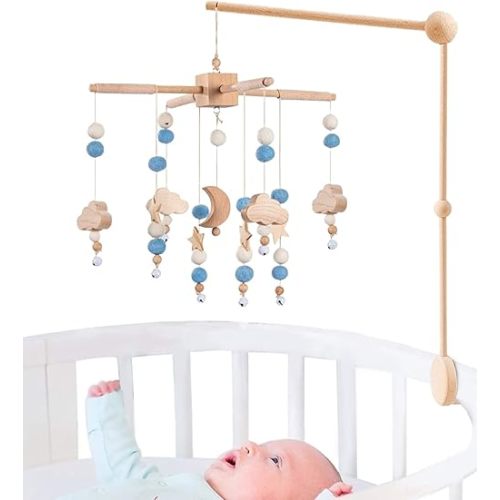 BlueMello Starry Night Baby Mobile Toy and Mobile Arm Holder 2 in 1 Set for Crib | Wooden Beads and Stars Bed Hanger for Boys and Girls | Hanging Nursery Decor for Bassinet | Perfect Baby Shower Gift