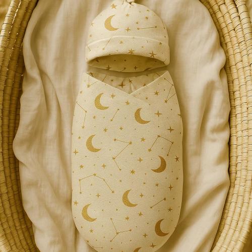 Cradle of Stars Baby Swaddle & Beanie Set | Soft Newborn Swaddle Blanket and Matching Beanie | Baby Shower Gift | Nursery Essentials