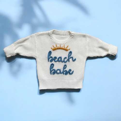 Custom Hand Embroidered Baby Toddler Sweater with Beach Babe with Sun Personalized Knitwear for Your Little, Gift Newborn Birthday