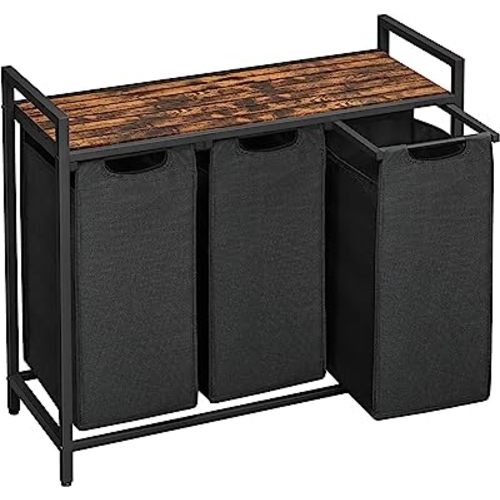 VASAGLE Laundry Hamper, Laundry Basket, Laundry Sorter with 3 Pull-Out and Removable Bags, Shelf, Metal Frame, 3 x 10 Gallons (38L), 36.4 x 13 x 28.4 Inches, Rustic Brown and Black UBLH301B01