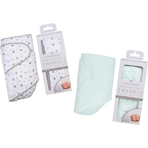 Miracle Blanket Swaddle Wrap Bundle - Boy, Girl, or Neutral Receiving Baby Blanket - Soft, Wearable Sleep Sack Essential for Newborns and Infants (Gray Stars & Mint)