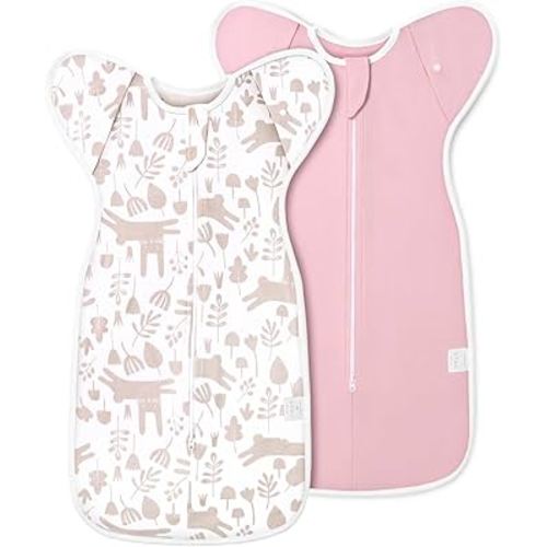 2-Pack Newborn Swaddle Sleep Sack - Arms Up Swaddle 0-3 Months, Baby Transitional Swaddles for Newborn, Cuff Removable Design, Pink Bunny Breathable Sleep Sacks with 2-Way Zipper