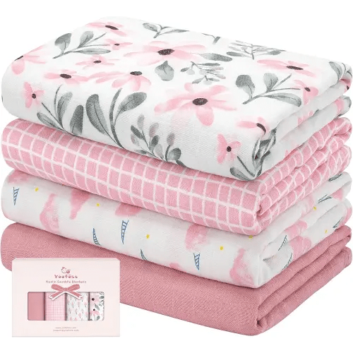 Yoofoss Muslin Swaddle Blankets, 4-Pack Receiving Blankets for Baby Boys and Girls, 47 x 47 Inches Baby Blanket Neutral Swaddle Wrap 70% Rayon from Bamboo and 30% Cotton