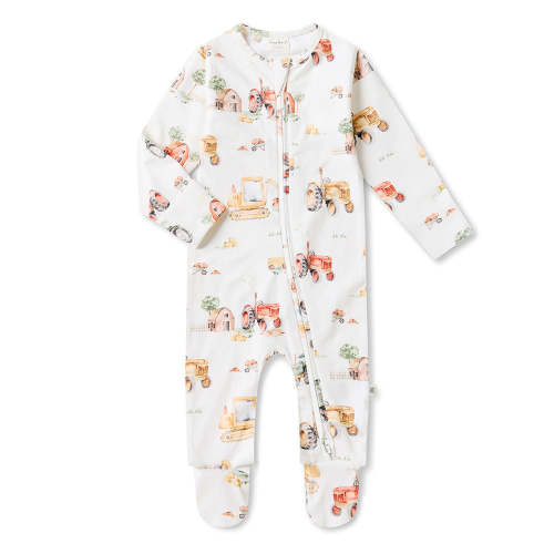 Diggers & Tractors Organic Baby Snuggle Sleepsuit Footie | Snuggle Hunny