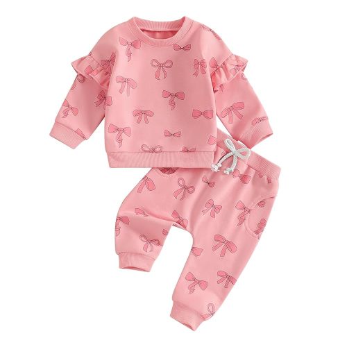 Baby Girl Bow Print Long Seeve Sweatshirt Tops Pants Set 0-6 Months