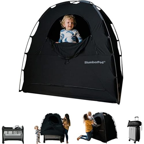 SlumberPod 3.0 Portable Privacy Pod Blackout Canopy Crib Cover, Sleeping Space for Age 4 Months and Up with Monitor Pouch, Pack n Play Blackout Cover, Baby Travel Crib Canopy (Black/Grey)