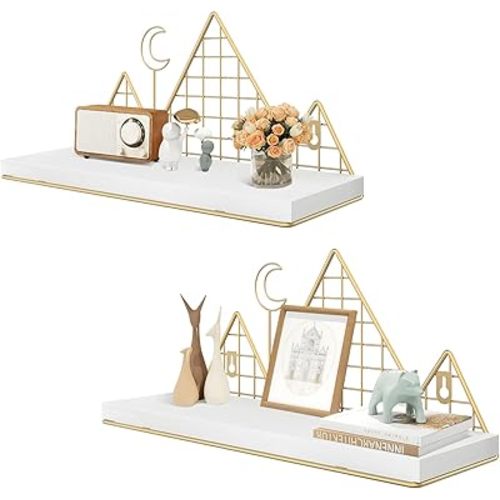 Homode Floating Shelves, Set of 2 Mountain Shelves Wall Decor, Metal and Wood Hanging Shelves Woodland Bookshelf for Nursery, Kids Room, Bathroom, Bedroom, White and Gold