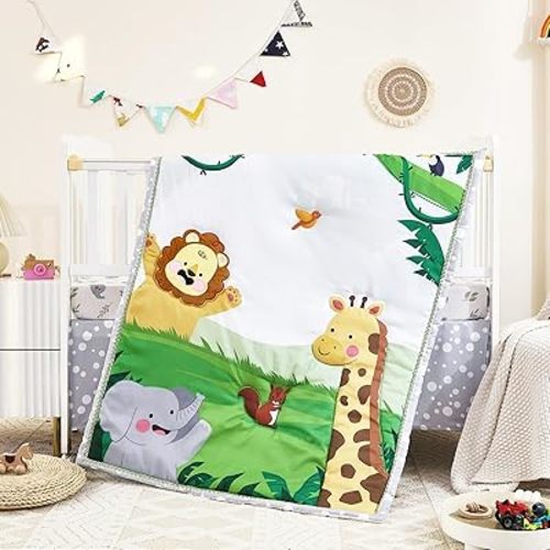 3-Piece Crib Sets for Boys Girls - Ultra Soft Safari Crib Bedding Set Includes Crib Comforter, Sheet & Skirt (Happy Animals)