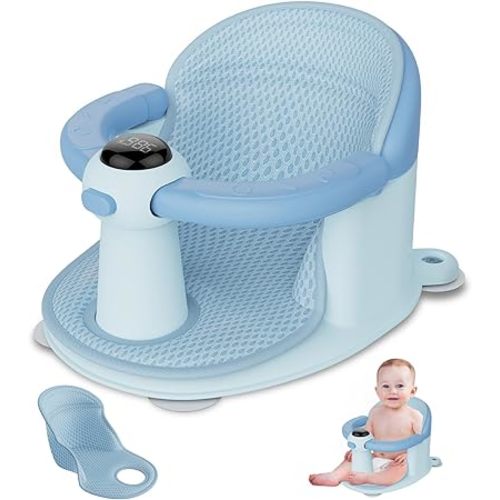 Baby Bath Seat-for Babies 6 Months & up, Water Temperature Display+Soft Cushion, Non-Slip Toddler Bath Seat for Baby, Sit Up Bath Seat for Baby, Blue