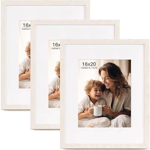 16x20 Picture Frame with Mat for 11x14 Set of 3, Distressed White Wood Grain 16x20 Frames for Horizontal & Vertical Wall Mounting (3 Pack,White)