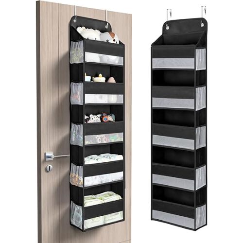 Yecaye 1 Pc Over the Door Organizer with 5 Bins 10 Side Pockets, 44lbs Load Hanging Bathroom and Bedroom Organizer, behind the Door Hanging Organizers for Nursery Newborn Baby Essential Stuff Black