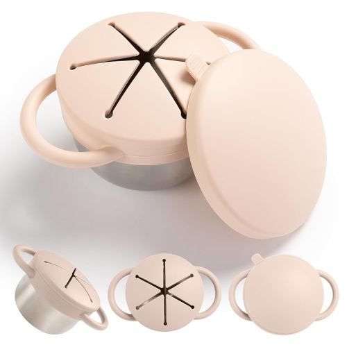 1 Pack Stainless Steel Snack Containers for Toddlers with Spill-Proof Silicone Lids & Handles - 3-in-1 Baby Snack Cups, No-Spill Travel Snack Containers for Kids (Creamy)