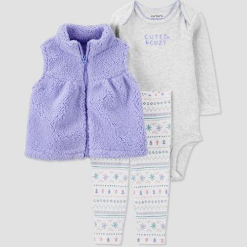 Carter's Just One You®️ Baby Girls' Cute & Cozy 3pc Top & Bottom Set - Purple 9m
