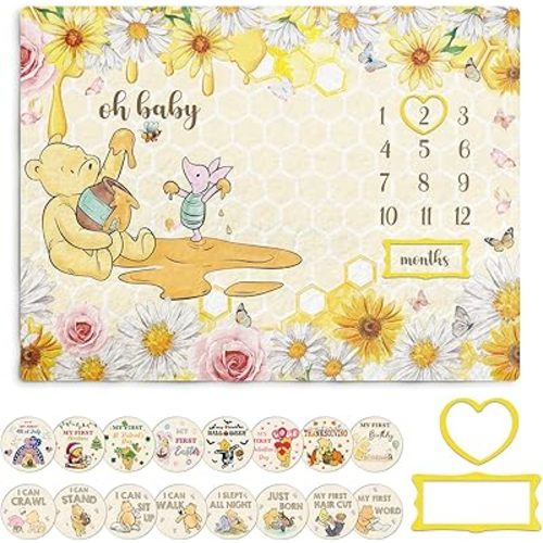 Winnie Baby Milestone Blanket, Honey Themed Baby 12 Months Milestone Blanket, Winnie Photo Calendar Monthly Growth Chart, with Double-Sided Printed Cardstock(16 Unforgettable Moments of Babies)