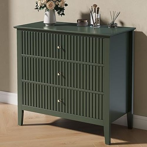 RoyalCraft Dark Green Fluted 3 Drawer Dresser, 32 inch Wide Dresser Nightstand for Bedroom, Modern Wood Chest of Drawers, Large Painted Nightstand with 3 Drawers for Closet, Hallway, Entryway
