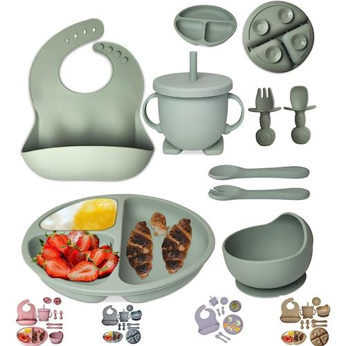 Baby Feeding Set 8-Piece | Baby Led Weaning Utensils Set Includes Suction Bowl and Plate, Baby Spoon and Fork, Sippy Cup with Straw and Lid | Baby Feeding Supplies (Army Green)