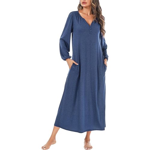 Marvmys Womens Cotton Long Sleeve Nightgown Long Sleepshirts Full Length Henley Sleep Dress with Pockets