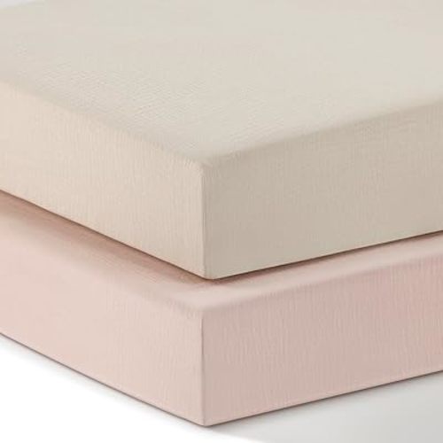 Muslin Pack and Play Sheets, 2 Pack Mini Crib Sheets, Stretchy Playard Fitted Sheet, Compatible with Graco Pack n Play, Soft and Breathable Material, Fog & Blush